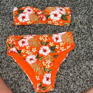 2 piece orange floral bikini, size small, worn once, top is strapless